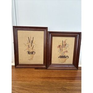 Set 2 Needlepoint Cross Stitch Crock Jug & Cattails 10x13/14 Framed Vintage
